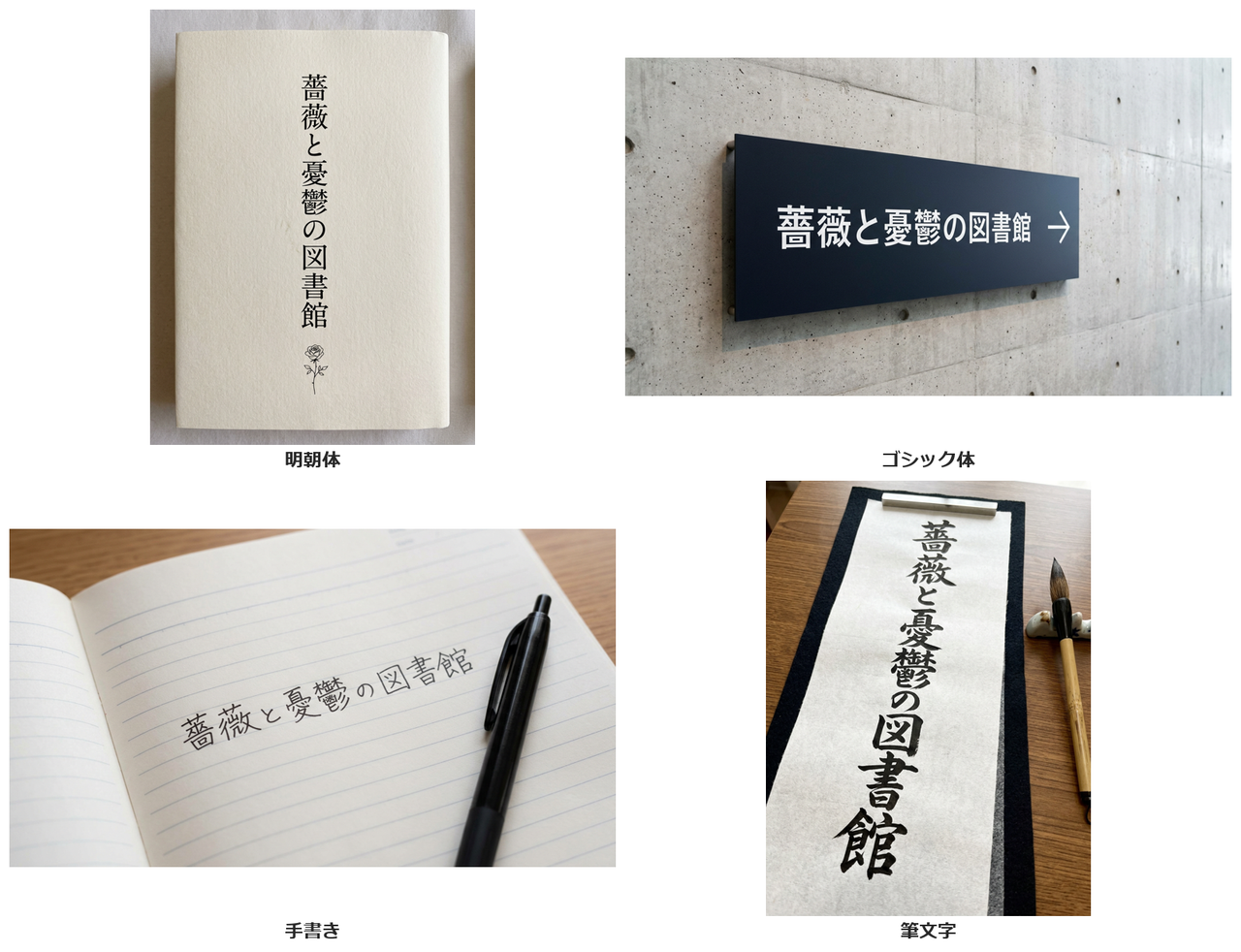薔薇と憂鬱の図書館という同じ文字を、白い本の表紙の明朝体、壁の黒い案内板のゴシック体、ノートのペン書き、縦長の和紙の筆文字で書いた4枚の組み合わせ