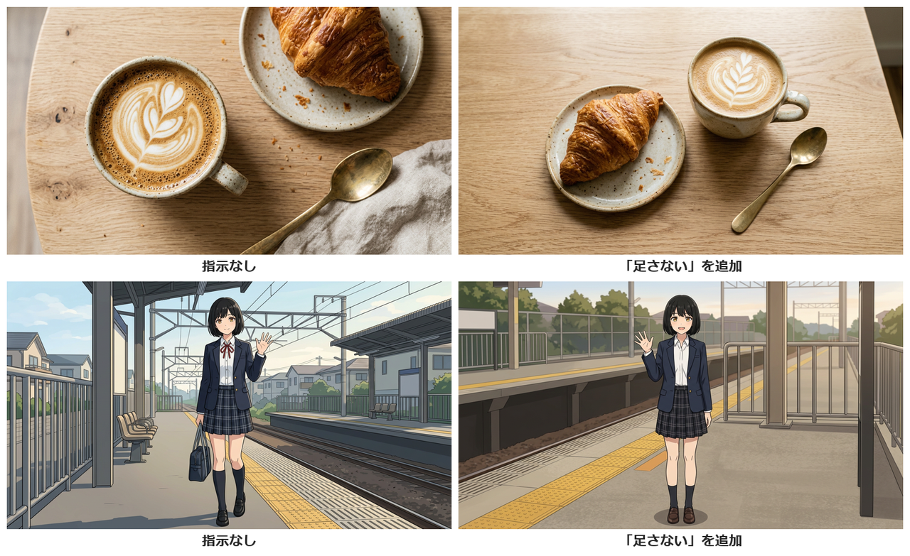 ラテとクロワッサンの物撮りと駅のホームの女の子を上下に並べた比較。左は物撮りにリネンの布、女の子に通学かばんがあり、右はどちらも無い