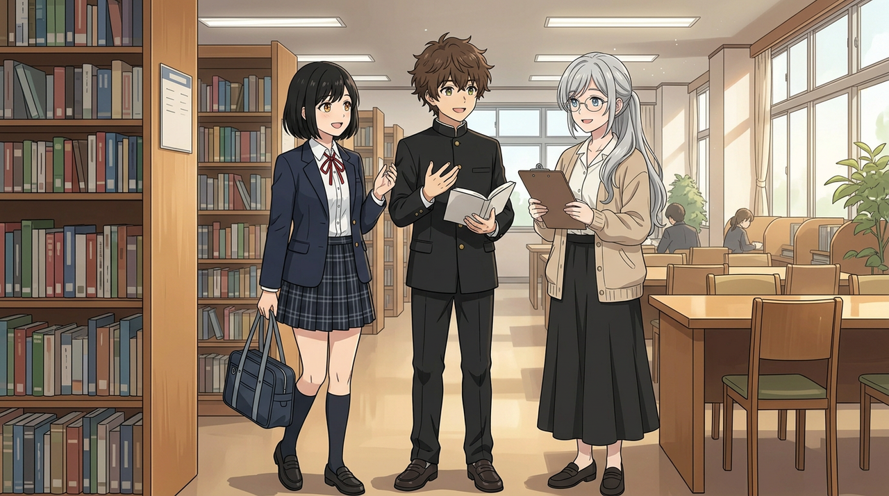 本棚と窓のある図書館で、黒いボブの制服の女の子、学ランの男の子、バインダーを持った銀髪の先生が並んで立っている
