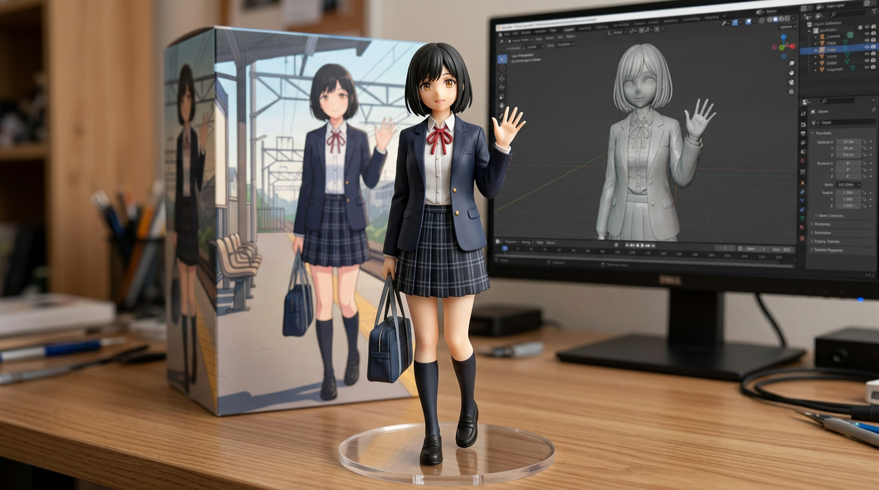 木の机の透明な丸い台座に立つ、制服の女の子のフィギュア。左に女の子の絵が印刷された箱、右のモニターに灰色の3Dモデルが映っている