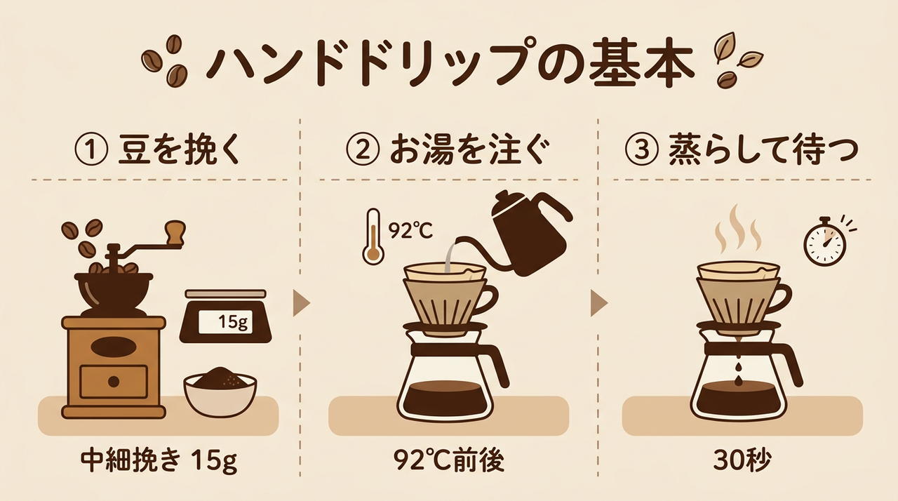 ハンドドリップの基本という見出しの横長の図。1豆を挽く・中細挽き15g、2お湯を注ぐ・92℃前後、3蒸らして待つ・30秒の3つを矢印でつないでいる