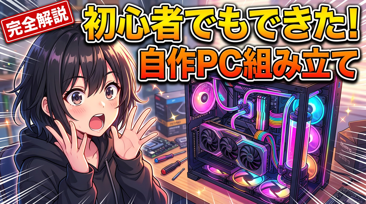 驚いて口を開けた黒髪の女の子と、虹色に光る自作PCのケース。初心者でもできた！自作PC組み立ての大きな文字と、左上に完全解説の赤いバッジ