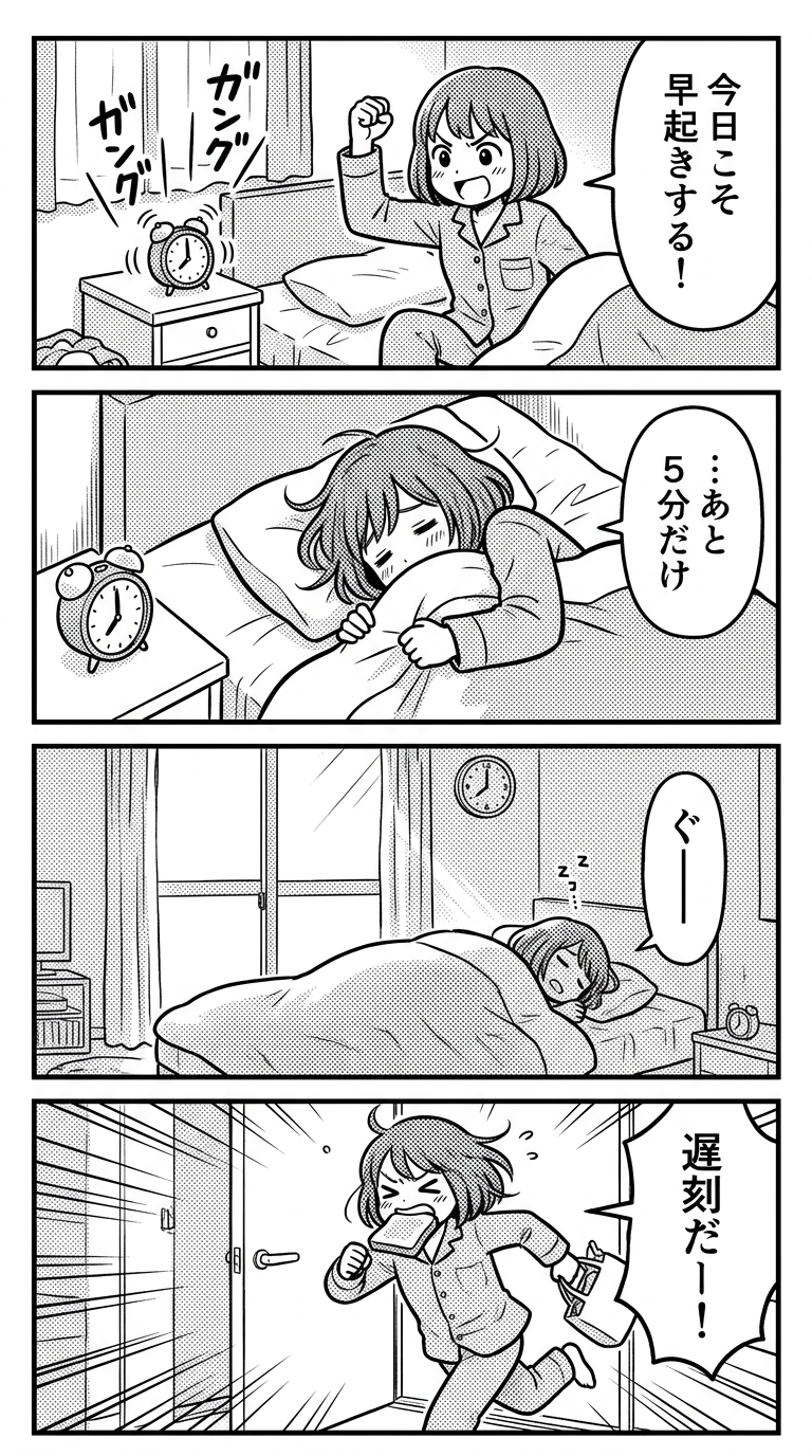 縦に並んだ白黒の4コマ。パジャマの女の子が目覚ましの横で今日こそ早起きすると言い、布団をかぶり、時計が進んでも寝ていて、トーストをくわえて走り出す