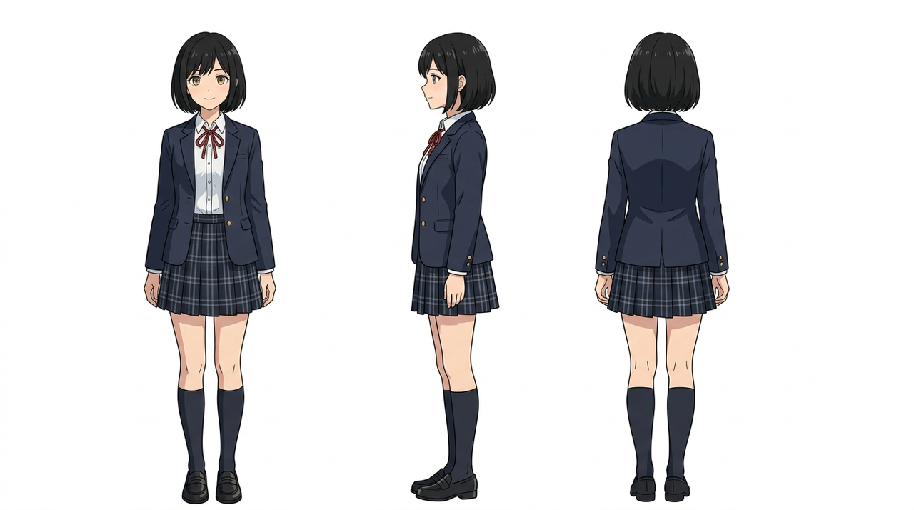 白背景に、紺のブレザーとチェックのスカートの黒いボブの女の子を、正面・横・背面の3方向から描いて並べた全身図