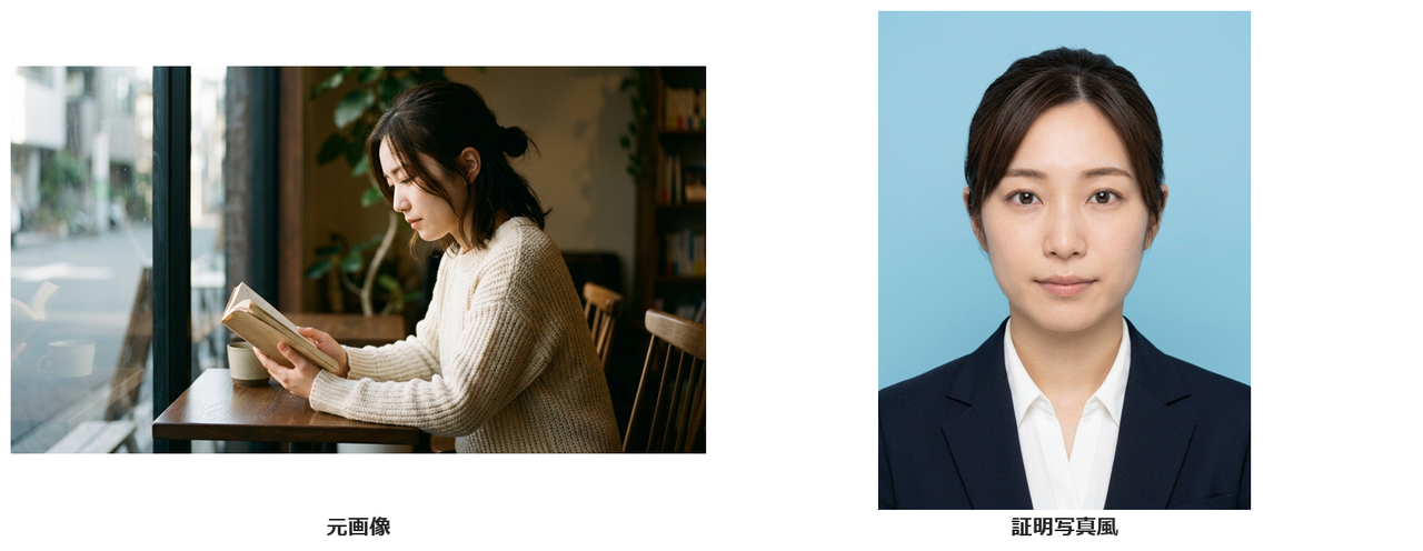 カフェで本を読む女性の写真と、同じ顔の女性が髪をまとめて黒いスーツと白いシャツを着て、無地の背景の前で正面を向いた証明写真風の画像