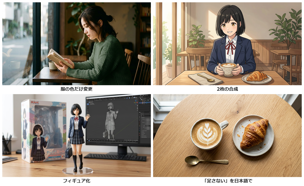 深緑のセーターで本を読む女性、カフェでラテを持つ制服の女の子、箱とモニターの前の制服の女の子のフィギュア、布の無いテーブルのラテとクロワッサンの4枚