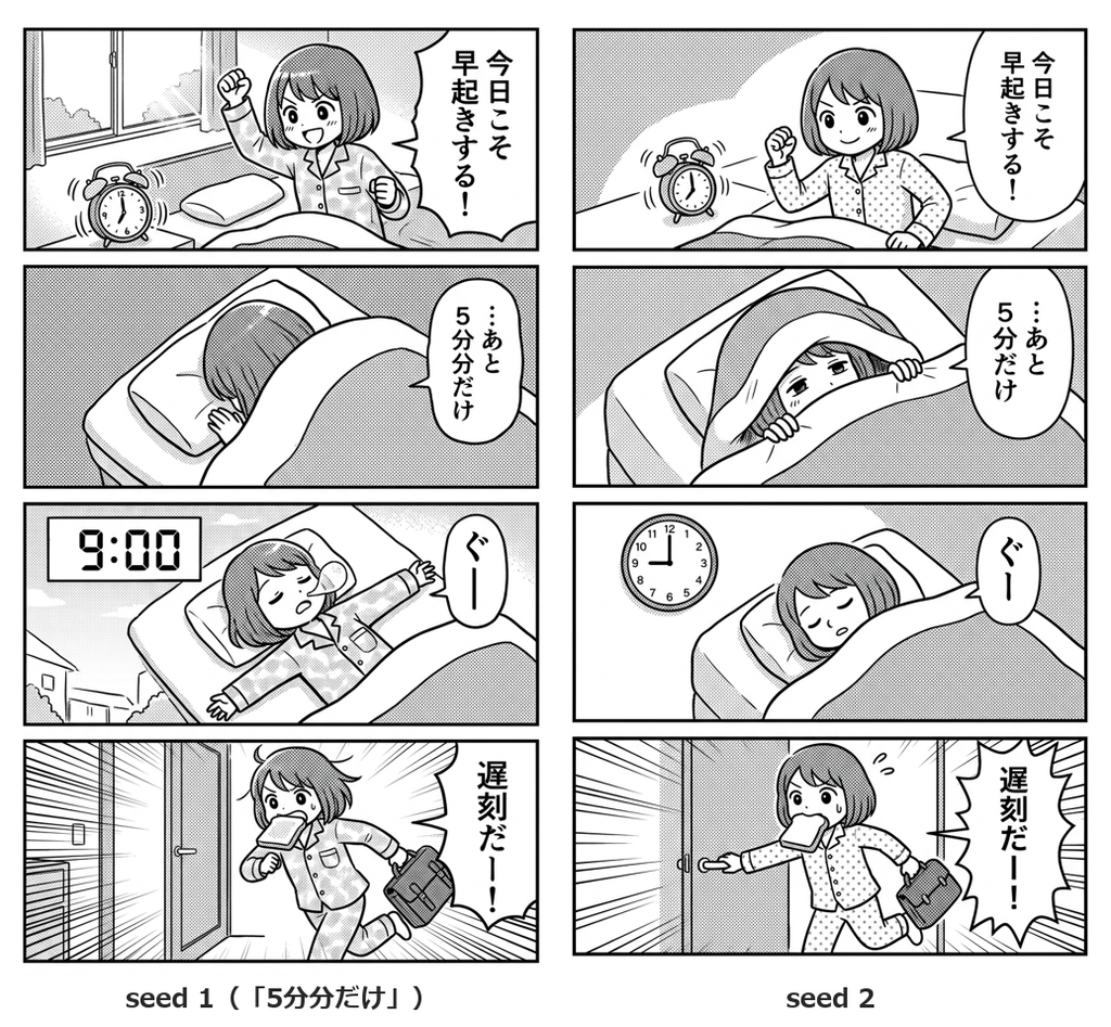 白黒の4コマ漫画2枚を左右に並べたもの。左の2コマ目の吹き出しには、あと5分分だけと分の字が2回続けて書かれている
