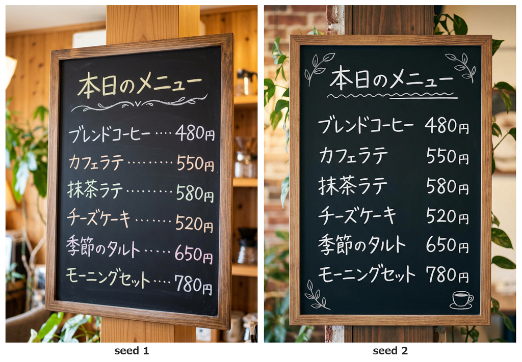 カフェの柱に掛かった黒板メニュー2枚。左は品名と価格の間を点線でつなぎ、右は四隅に葉の飾りと右下にコーヒーカップの絵を足している