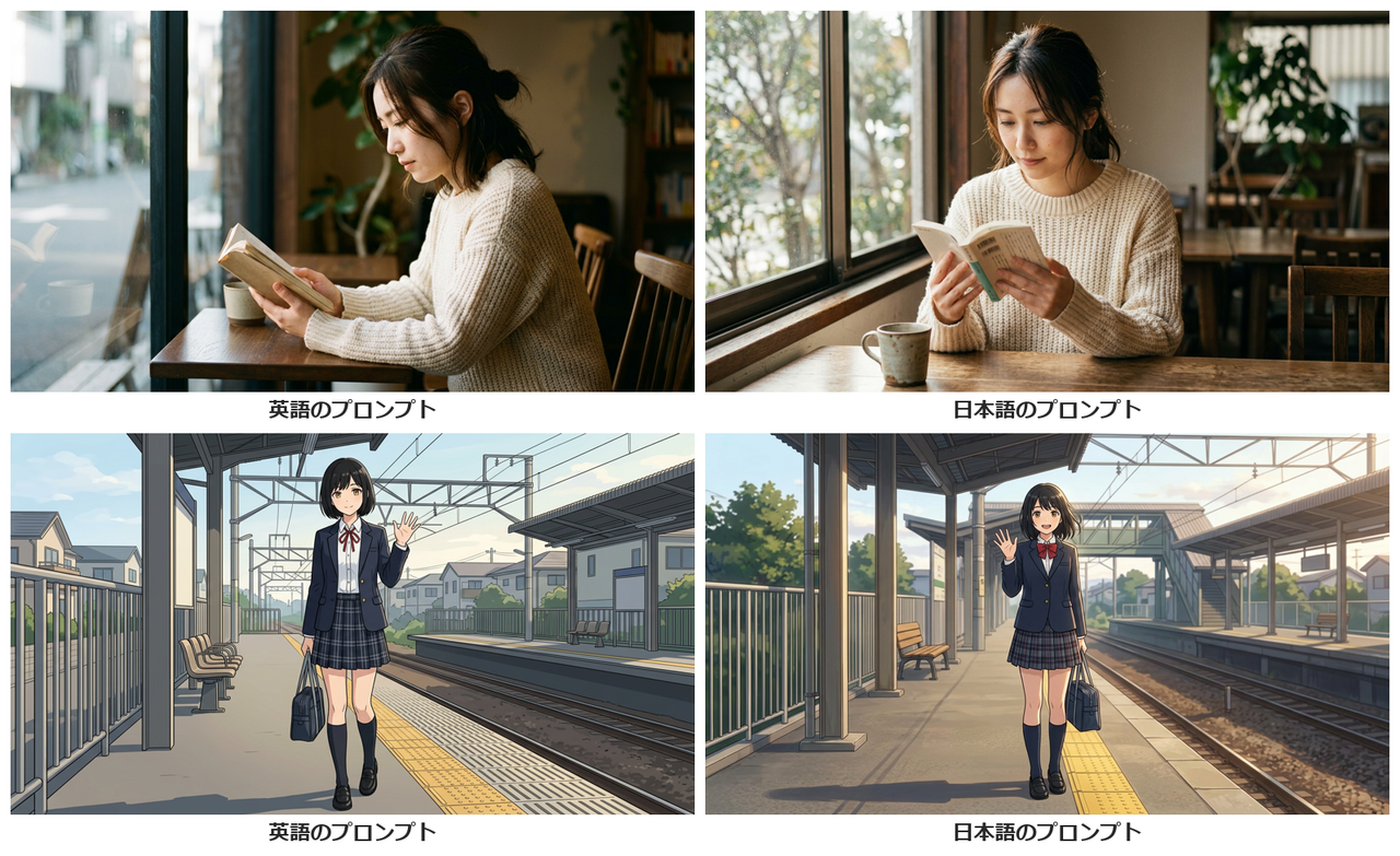 窓際で本を読む女性と、駅のホームで手を振る制服の女の子を、左右2枚ずつ並べた4枚。左右で人物と画風は同じで、向きと構図が違う