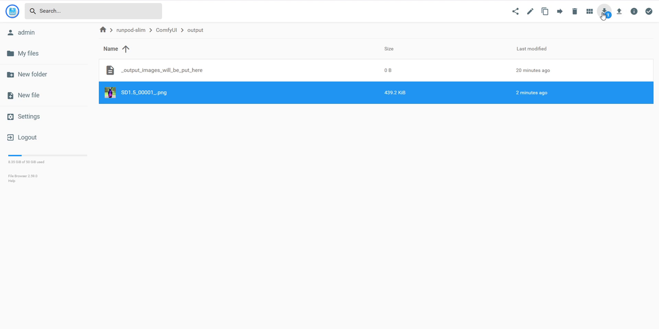 File BrowserでComfyUIのoutputフォルダを開き、生成画像を選択してダウンロードしようとしている画面
