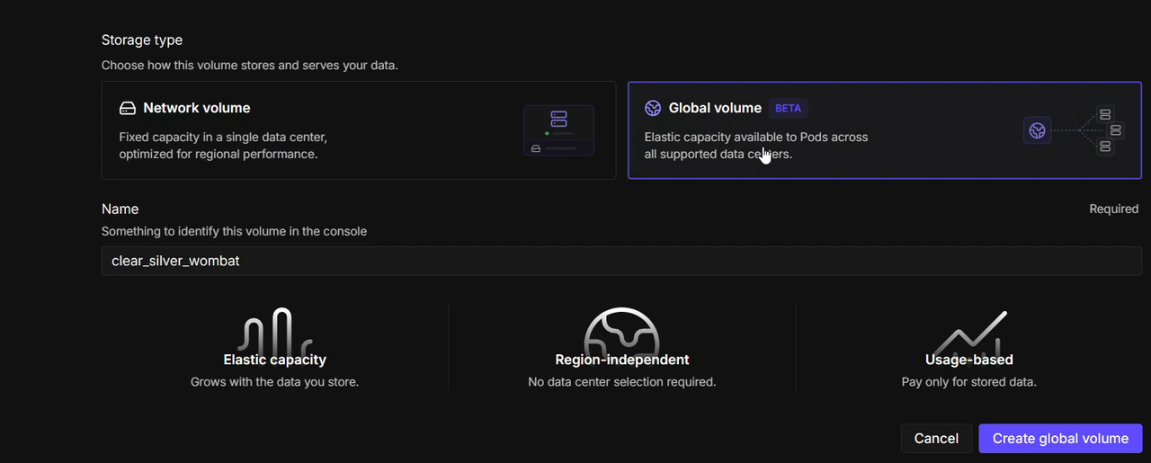 RunPodのGlobal volume作成画面。Storage typeでGlobal volume(BETA)を選び、Elastic capacity・Region-independent・Usage-basedの3つの特徴が並ぶ