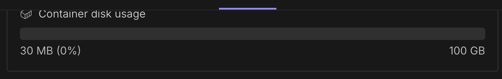 PodのTelemetryタブ。Container disk usageが30 MB (0%) / 100 GB