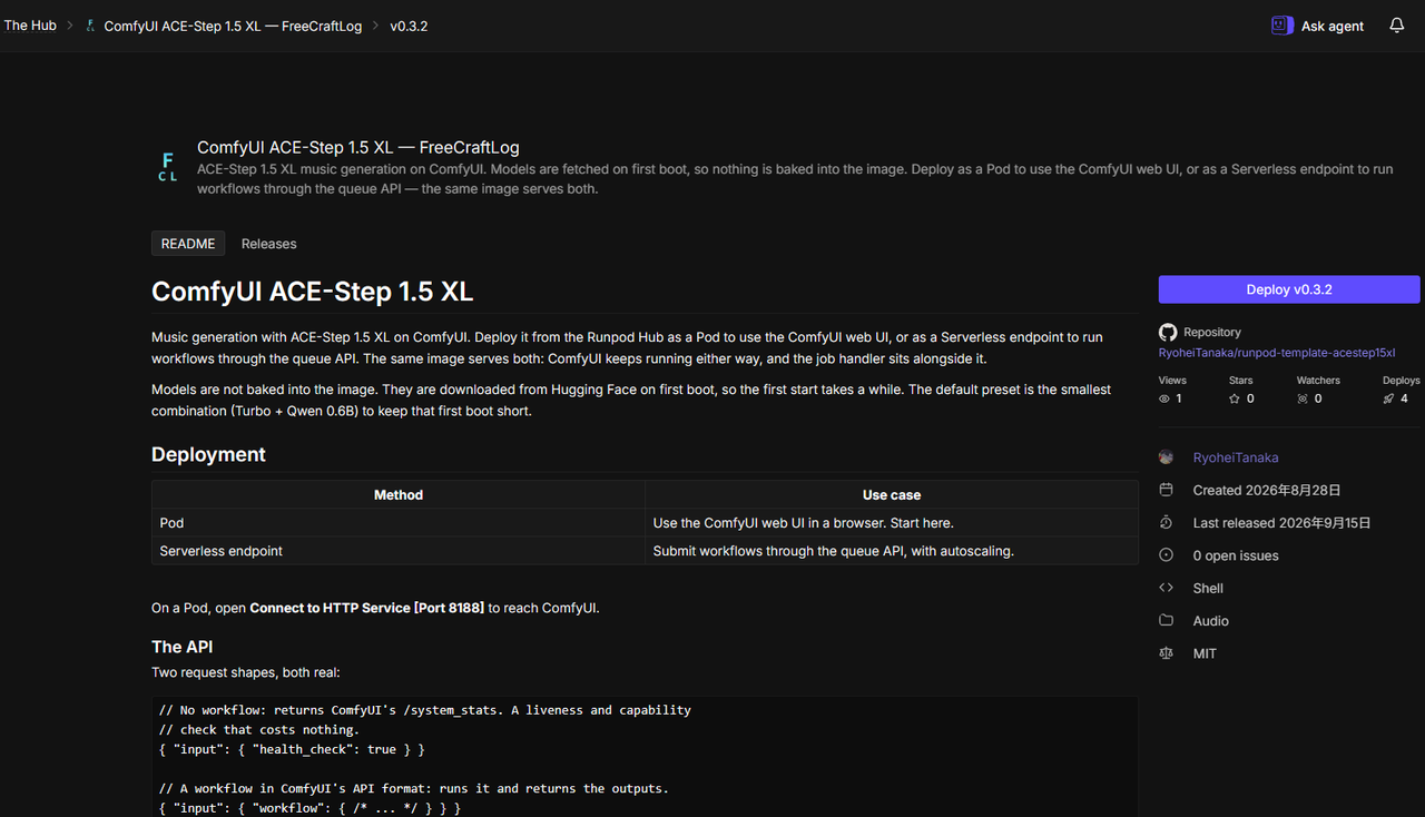 RunPod HubのComfyUI ACE-Step 1.5 XL掲載ページ。README・Deployボタン・リポジトリ情報