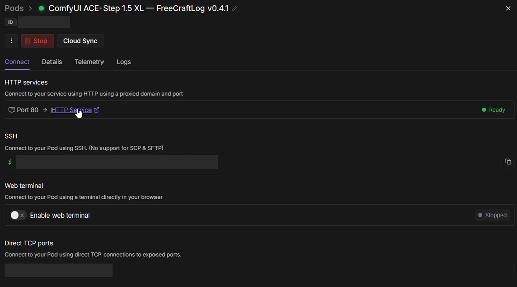 RunPodのPod詳細画面のConnectタブ。HTTP servicesにPort 80のみが並んでいる