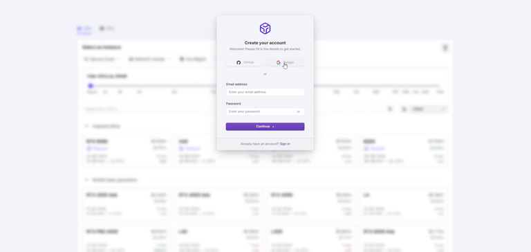 RunPodのアカウント作成画面