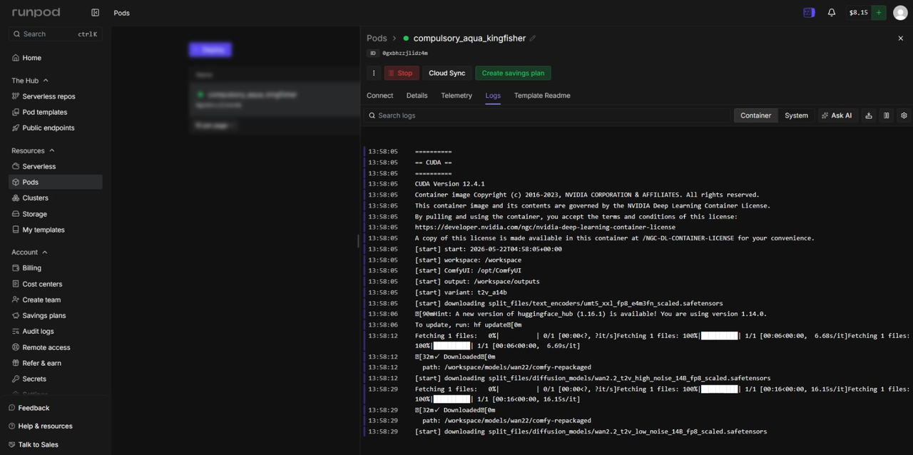 RunPodのPodログで起動エラーを確認する画面