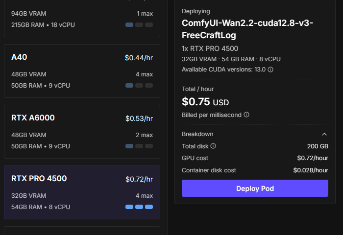 RunPodのGPU選択画面でAvailable CUDA versionsを確認しているところ