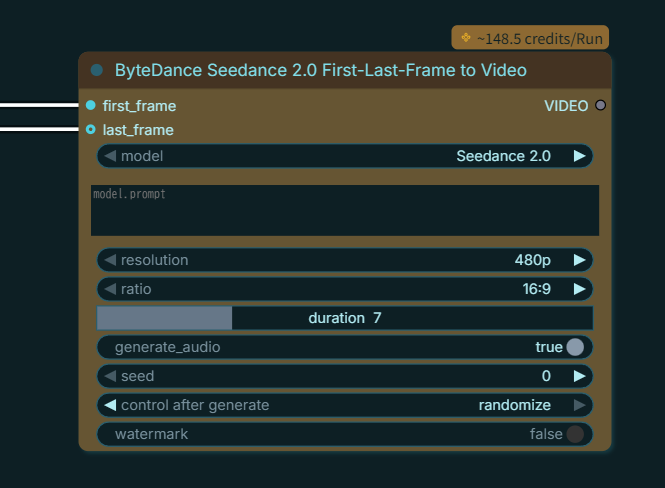 Seedance 2.0 First-Last-Frame to Videoノード。first_frameとlast_frameの2入力で動画を生成する。右上に148.5 credits/Runと表示されている