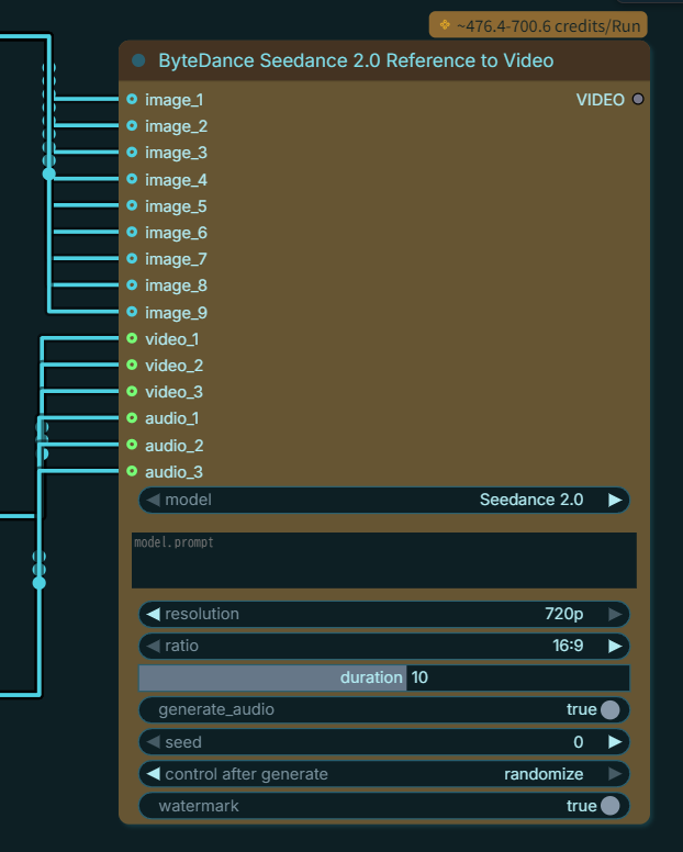 Seedance 2.0 Reference to Videoノードの設定画面。image×9・video×3・audio×3の入力ソケットと、resolution・ratio・durationなどの設定項目が並んでいる