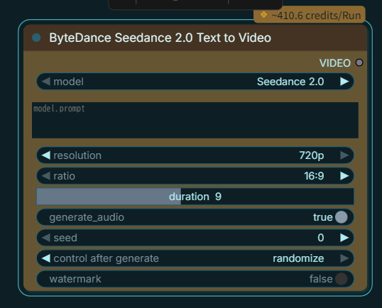 Seedance 2.0 Text to Videoノード。プロンプト入力欄・resolution・ratio・durationの設定項目がシンプルに並んでいる