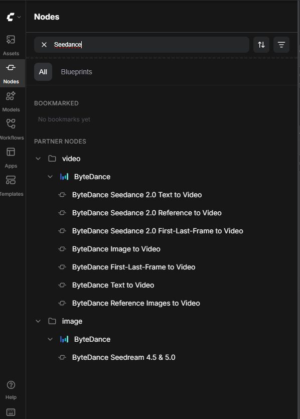 ComfyUI左サイドバーのNodesパネルでSeedanceを検索した結果。PARTNER NODESにText to Video・Reference to Video・First-Last Frame to Videoの3ノードが表示されている