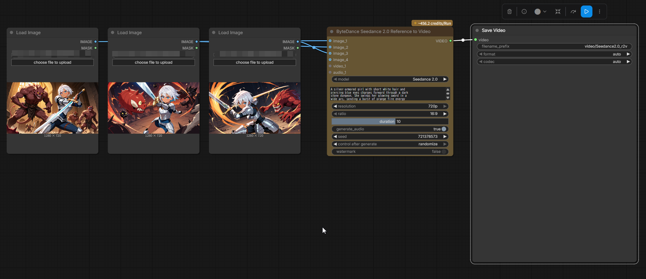 ComfyUIのI2Vワークフロー全体図。Load Imageノード3つからSeedance 2.0 Reference to Videoノードに接続し、Save Videoに出力している